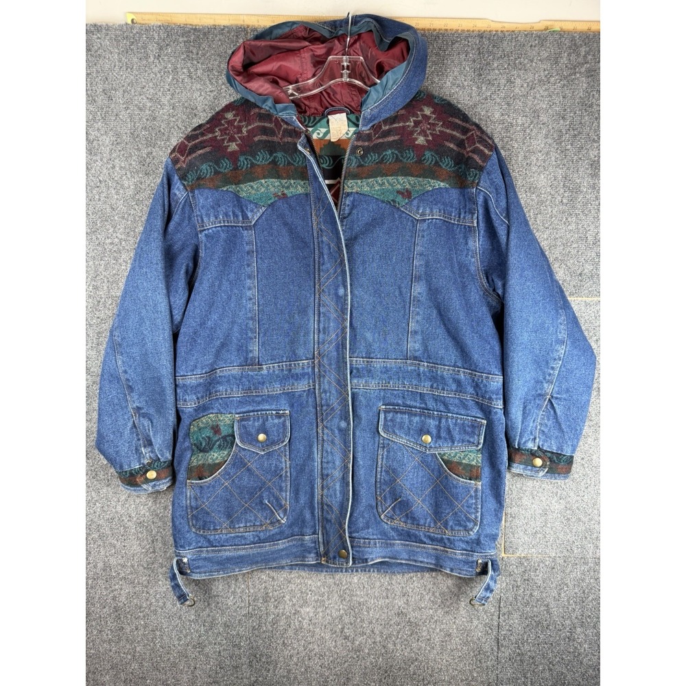 Vintage Outbrook Women's  Denim Southwestern Aztec Jacket 90's Size L Coat Chore
